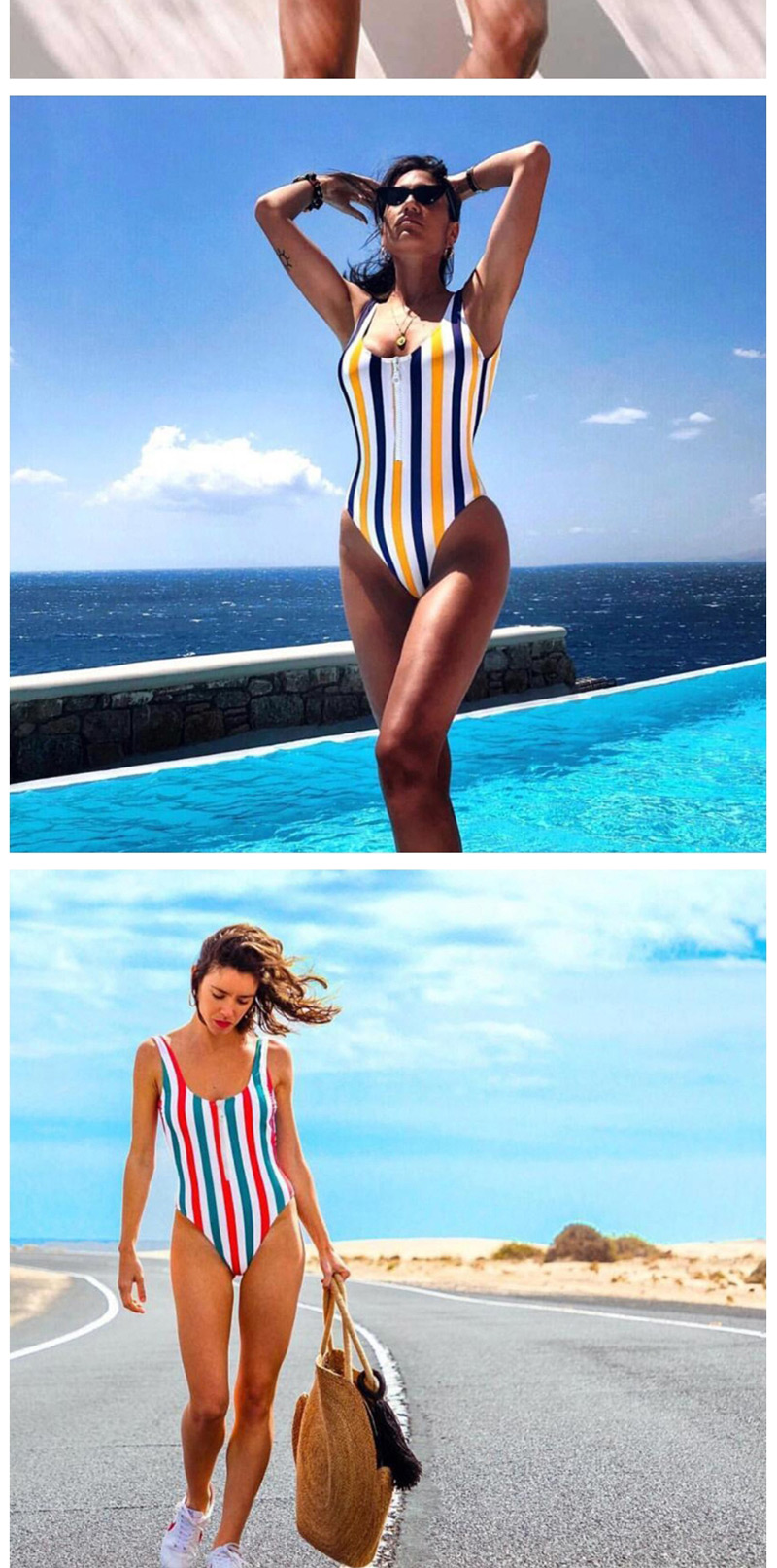 Fashion Red Striped Zipper Halter One-piece Swimsuit,One Pieces