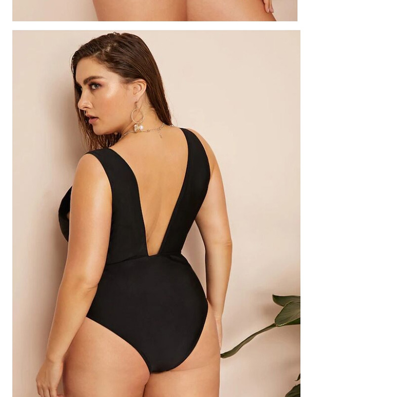 Fashion Black Deep V One-piece Swimsuit,Swimwear Plus Size