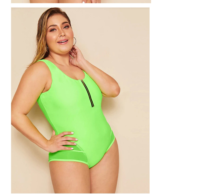 Fashion Fluorescent Green Zipper One-piece Swimsuit,Swimwear Plus Size