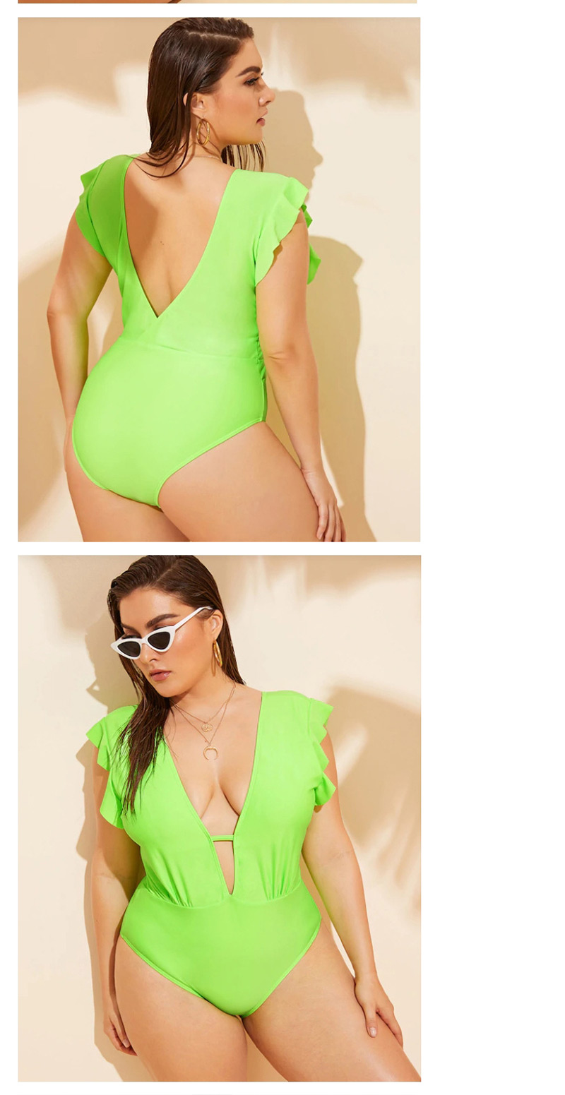 Fashion Fluorescent Green V-neck One-piece Swimsuit,Swimwear Plus Size