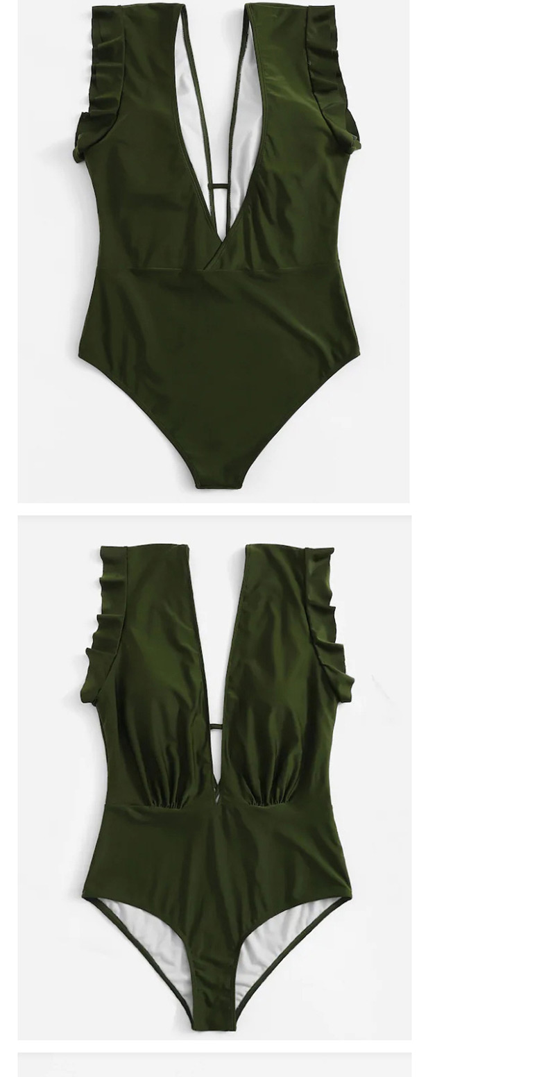 Fashion Army Green V-neck One-piece Swimsuit,Swimwear Plus Size