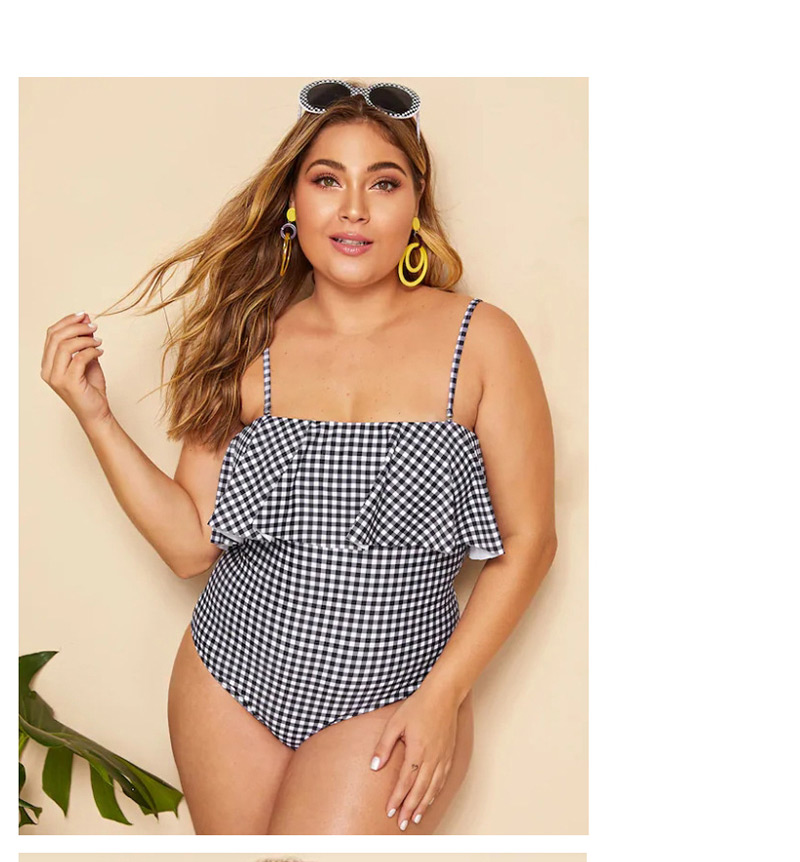 Fashion Lattice Checkered Ruffled One-piece Swimsuit,Swimwear Plus Size