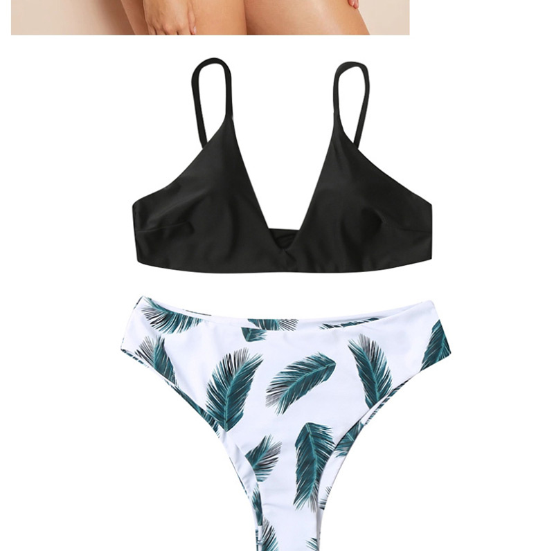 Fashion Black + White Leaf Print Bikini,Swimwear Plus Size