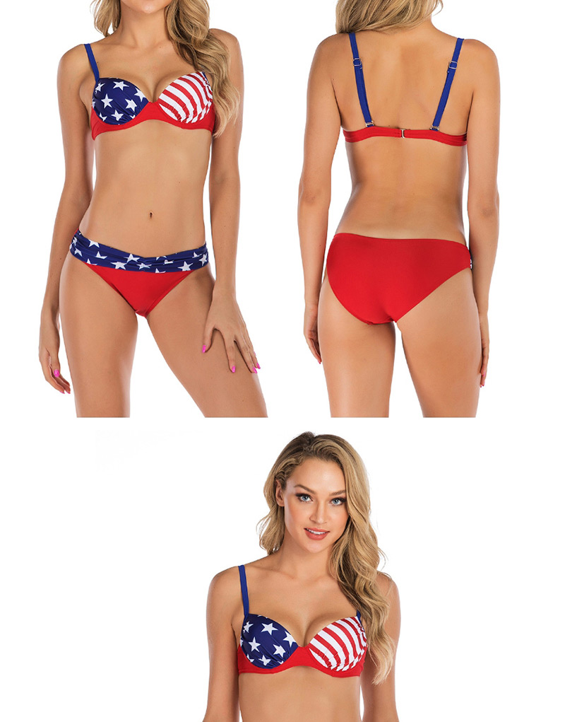 Fashion Pentagram Red American Flag Hard Pack Split Swimsuit,Swimwear Plus Size