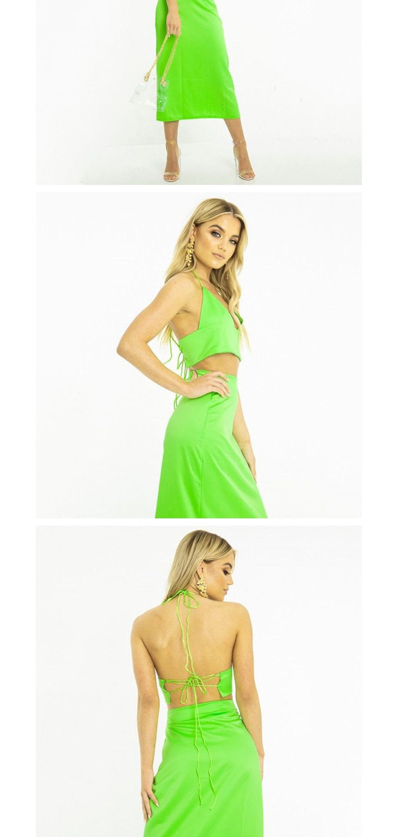 Fashion Fluorescent Green Strap Hanging Neck Two-piece Skirt,Tank Tops & Camis
