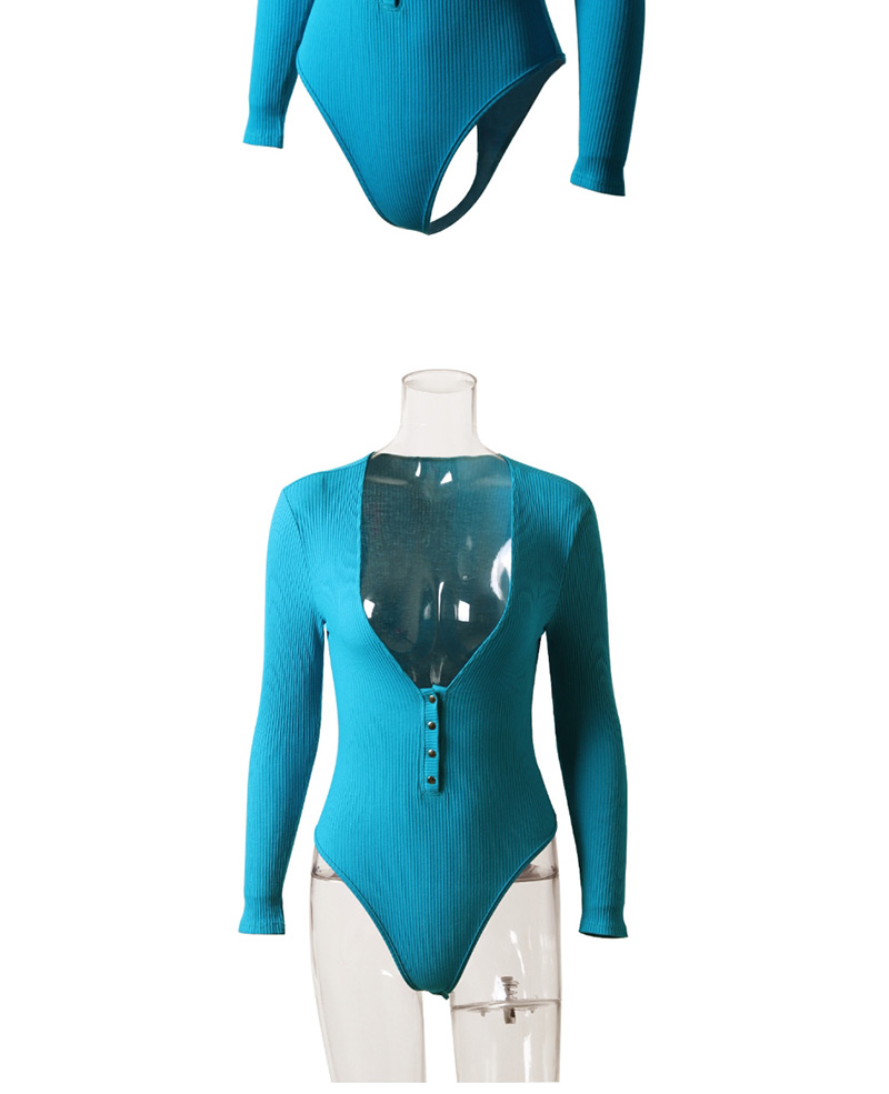 Fashion Blue Pit V-neck Jumpsuit,Bodysuits