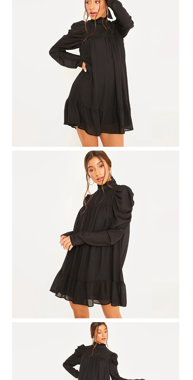 Fashion Black Stand Collar Pleated Dress,Mini & Short Dresses