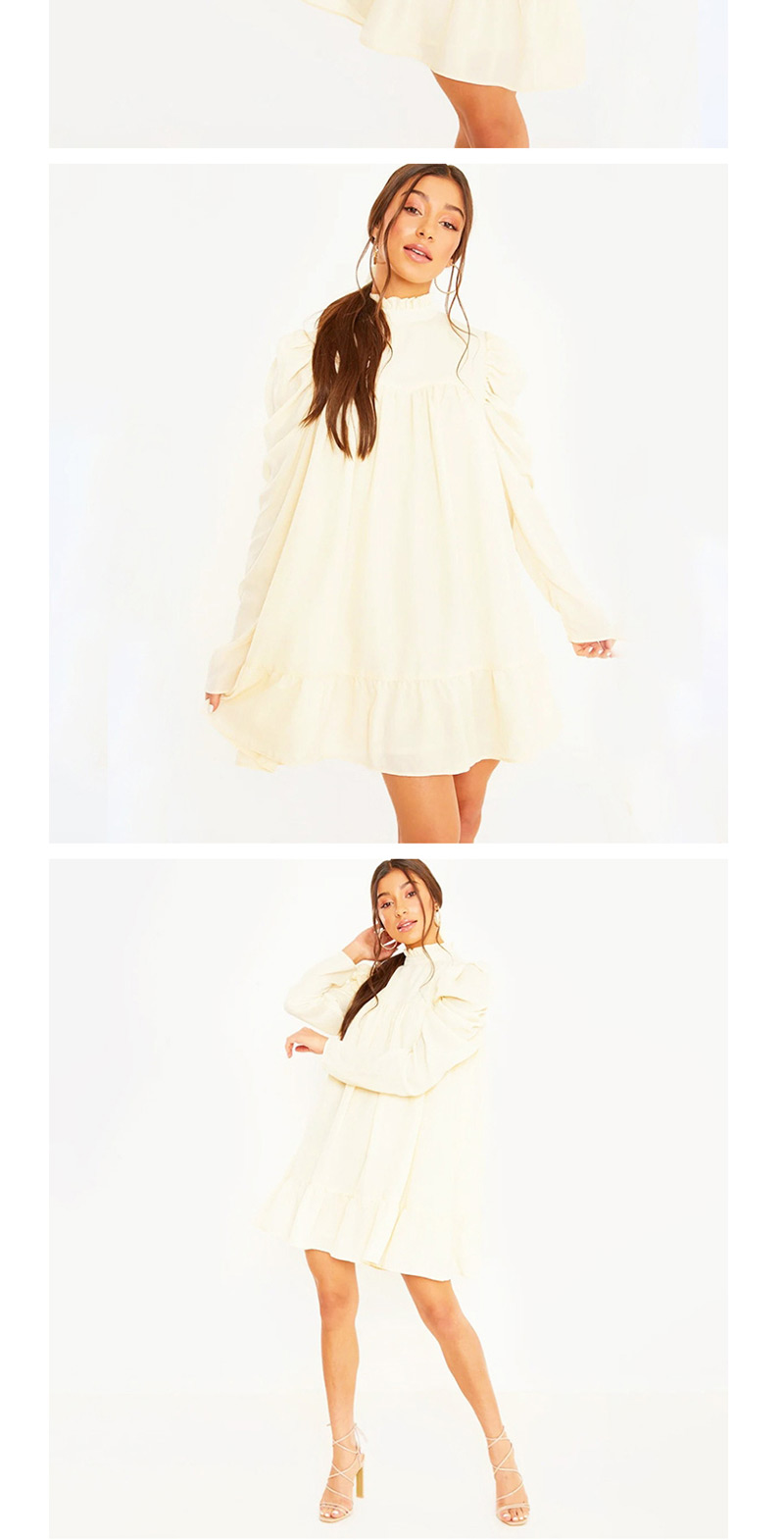 Fashion White Stand Collar Pleated Dress,Mini & Short Dresses