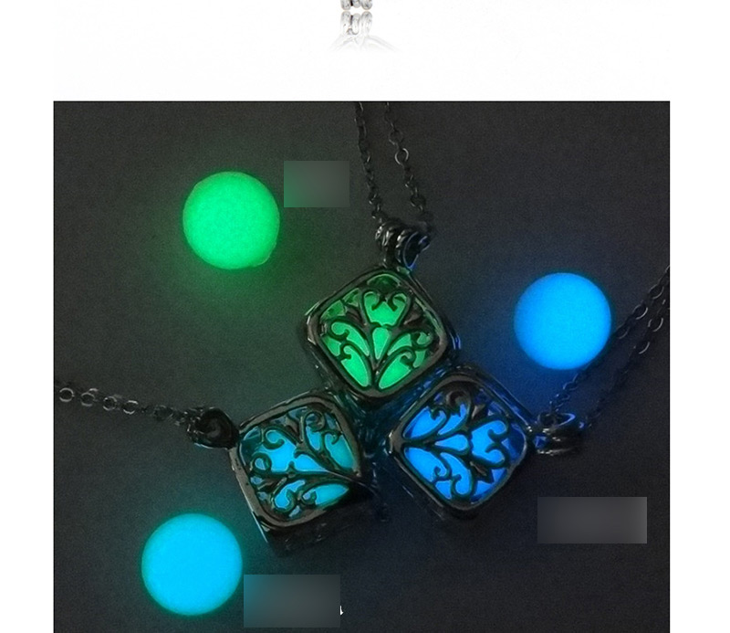 Fashion White K+ Dark Blue Luminous Hollow Square Life Tree Luminous Pearl Phase Box Necklace,Pendants