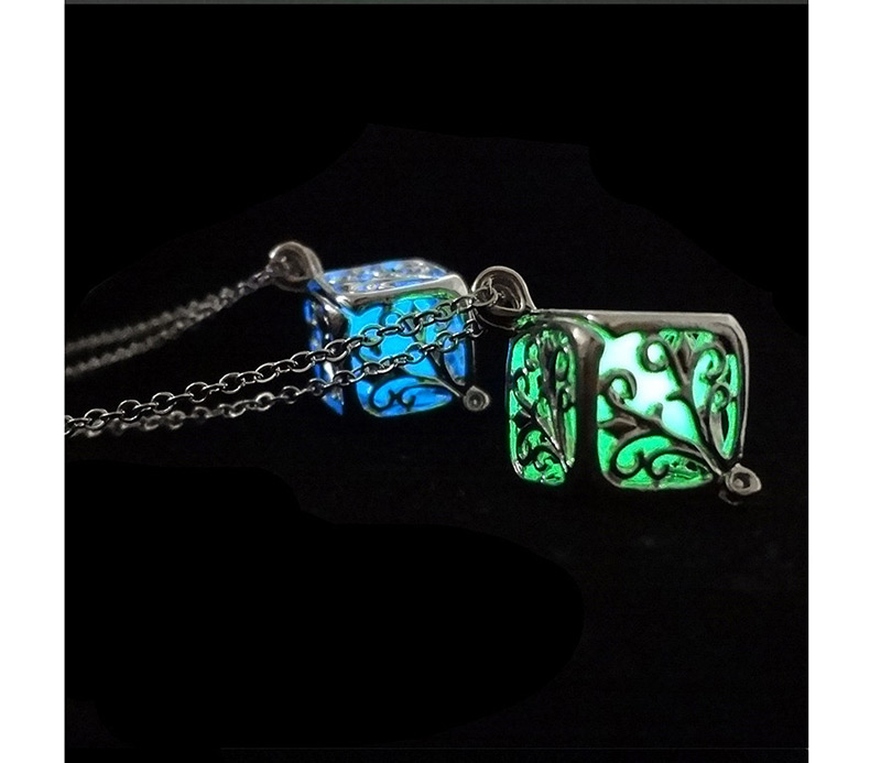 Fashion White K+ Dark Blue Luminous Hollow Square Life Tree Luminous Pearl Phase Box Necklace,Pendants