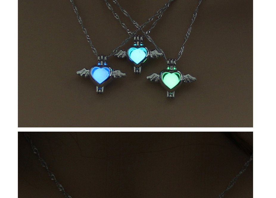 Fashion Blue Green Angel Heart Openwork Wings Hearts Night Light Cage Necklace,Pendants