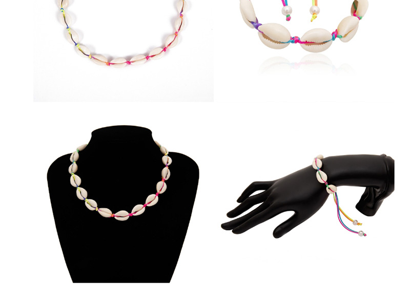 Fashion White Line Shell Bracelet Pearl Geometric Braided Shell Line Adjusting Buckle Necklace Set,Bracelets Set