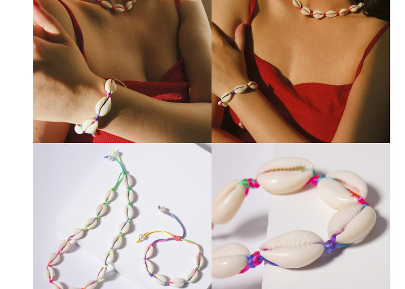 Fashion Black Line Shell Bracelet Pearl Geometric Braided Shell Line Adjusting Buckle Necklace Set,Bracelets Set