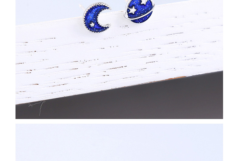 Fashion Blue Drip Oil  Sterling Silver Starry Star And Moon Asymmetrical Earrings,Drop Earrings