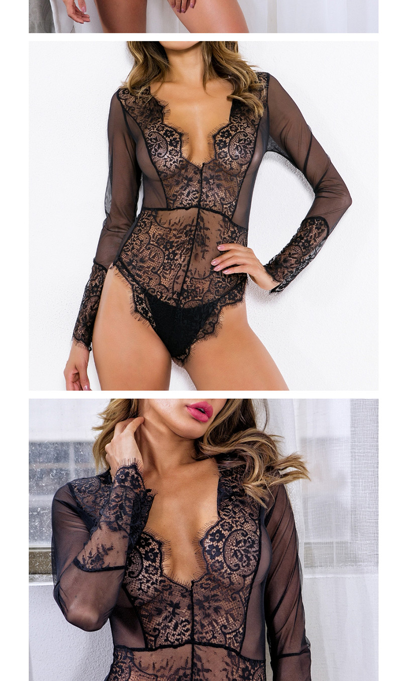 Fashion Black Lace Front And Back V-neck Sexy Onesies,SLEEPWEAR & UNDERWEAR