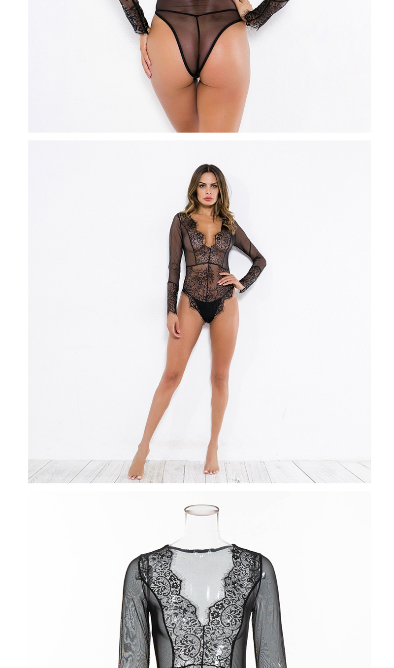 Fashion Black Lace Front And Back V-neck Sexy Onesies,SLEEPWEAR & UNDERWEAR