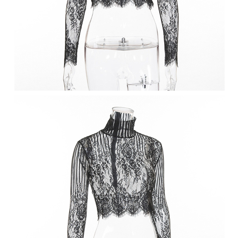 Fashion Black Striped Perspective Lace Hook Flower Half-high Collar Lace Shirt,SLEEPWEAR & UNDERWEAR