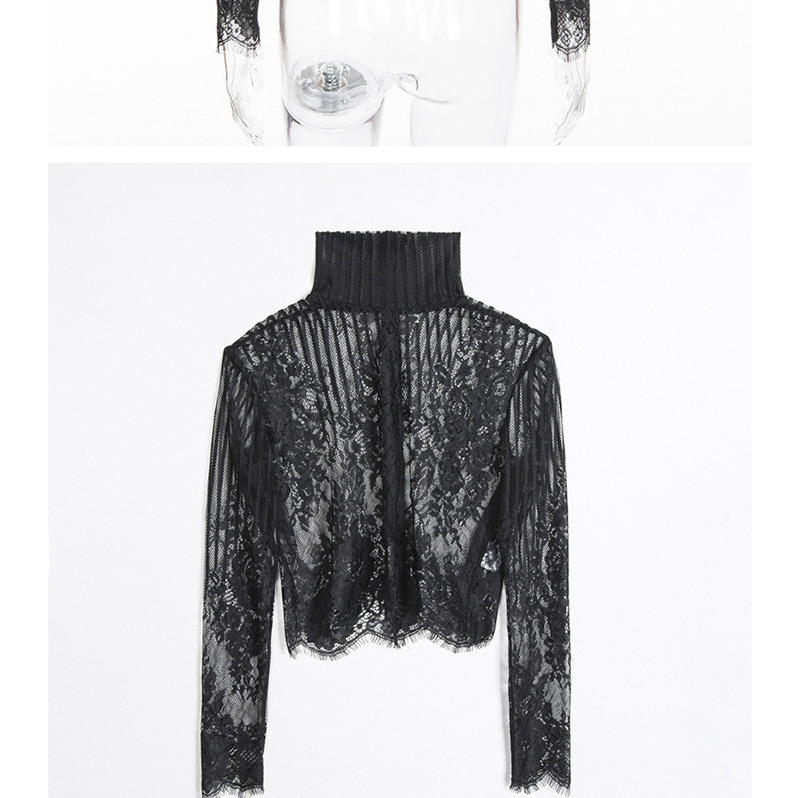 Fashion Black Striped Perspective Lace Hook Flower Half-high Collar Lace Shirt,SLEEPWEAR & UNDERWEAR