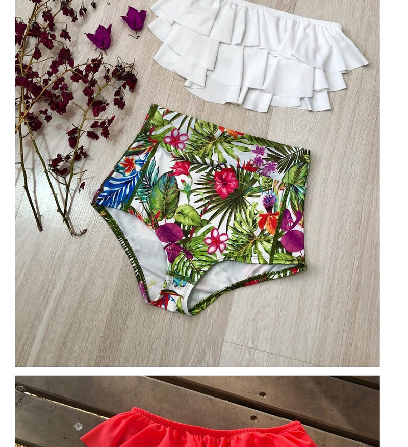 Fashion Red White Trousers High Waist Multi-layer Ruffled Printed Bikini,Bikini Sets
