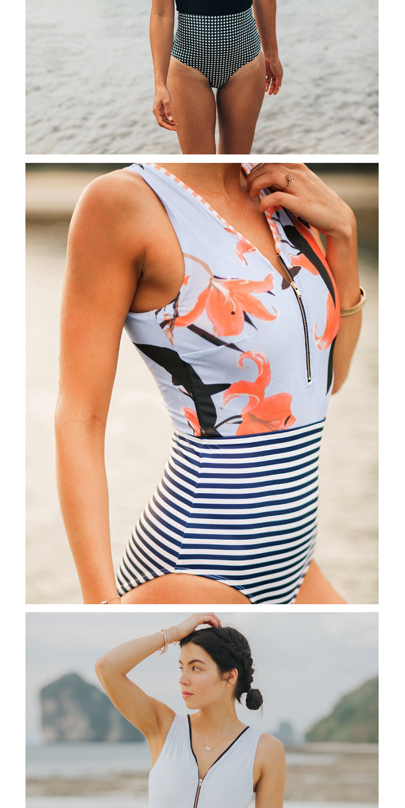 Fashion Blue Stripe Flower Pants Printed Vest Halter Straps One-piece Swimsuit,One Pieces
