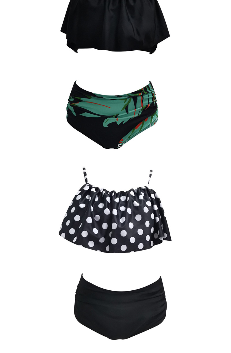 Fashion Black + Leaf Pants Ruffled Printed High Waist Bikini,Bikini Sets
