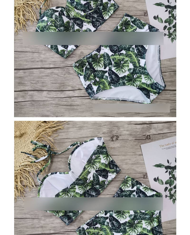 Fashion Green Leaf On White Floral Print High Waist Bikini,Bikini Sets