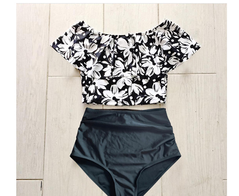 Fashion Black And White Flower One-shoulder Ruffled Printed High-waist Bikini,Bikini Sets