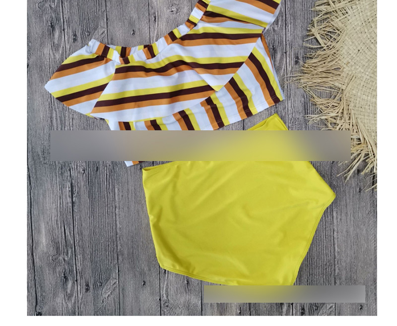 Fashion Striped Yellow One-shoulder Ruffled Printed High-waist Bikini,Bikini Sets