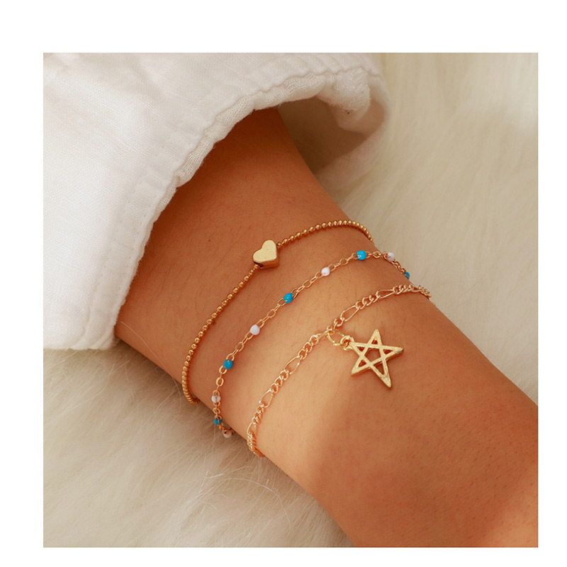 Fashion Gold Alloy Hollow Star Rice Beads Chain Bracelet 3 Layers,Beaded Bracelet