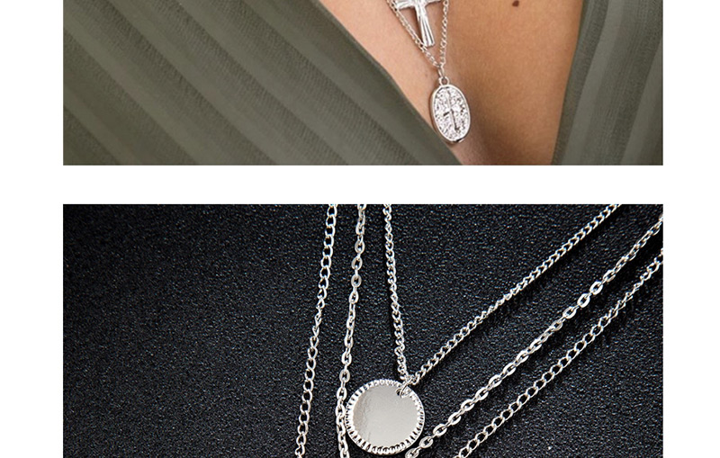 Fashion Silver Alloy Geometry Round Cross Multilayer Necklace,Multi Strand Necklaces