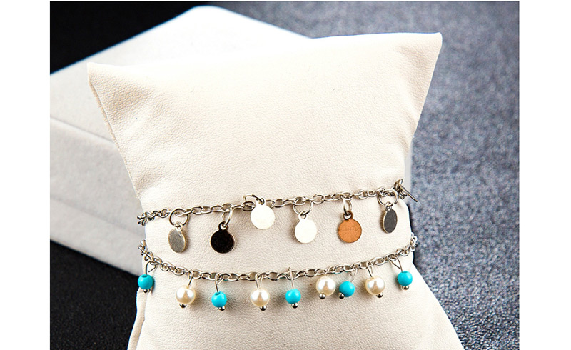 Fashion Silver Geometric Alloy Chain Rice Beads Round Multi-layered Anklet,Beaded Bracelet