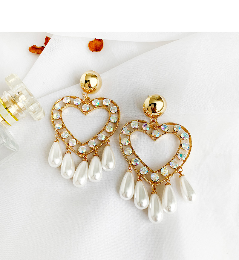 Fashion Gold Alloy Diamond Love Pearl Tassel Stud Earrings,Drop Earrings