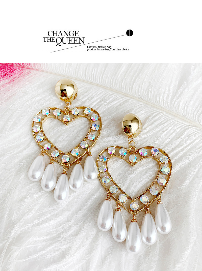 Fashion Gold Alloy Diamond Love Pearl Tassel Stud Earrings,Drop Earrings