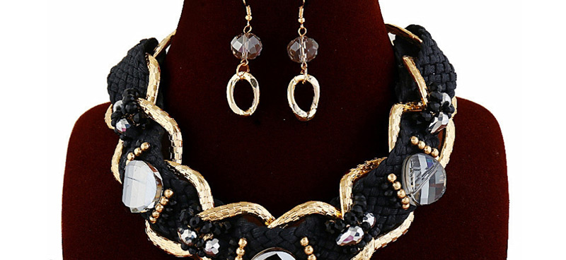 Fashion Black Woven Diamond Flower Necklace Earring Set,Jewelry Sets