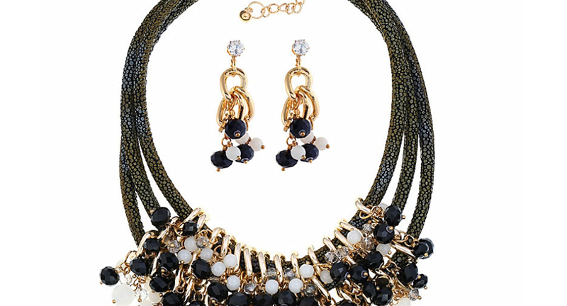 Fashion Black Gemstone Multilayer Necklace + Diamond Earring Set,Jewelry Sets