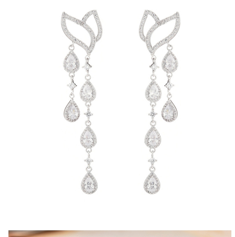 Fashion Silver  Silver Needle Leaves Water Droplets Micro-inlaid Zircon Earrings,Earrings