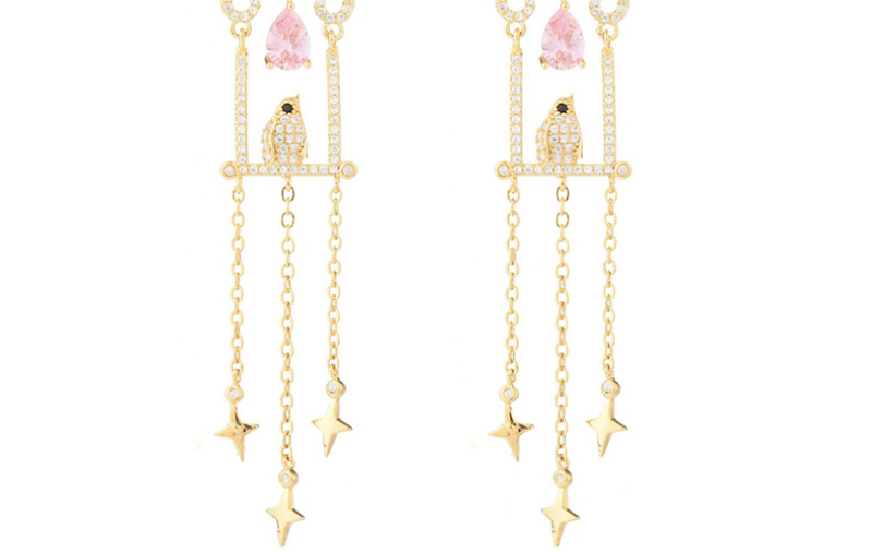 Fashion Pink  Silver Pin Bird Bird Cage Star Drop Earrings,Earrings