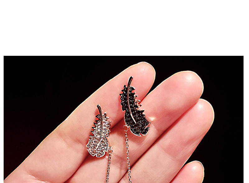 Fashion Black + White  Silver Pin Micro-set Zircon Tassel Feather Drop Earrings,Earrings
