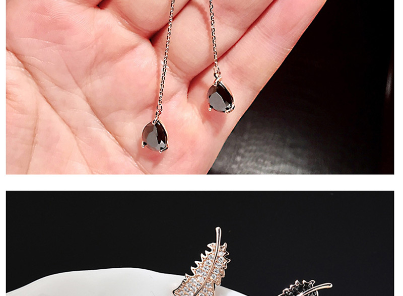 Fashion Black + White  Silver Pin Micro-set Zircon Tassel Feather Drop Earrings,Earrings