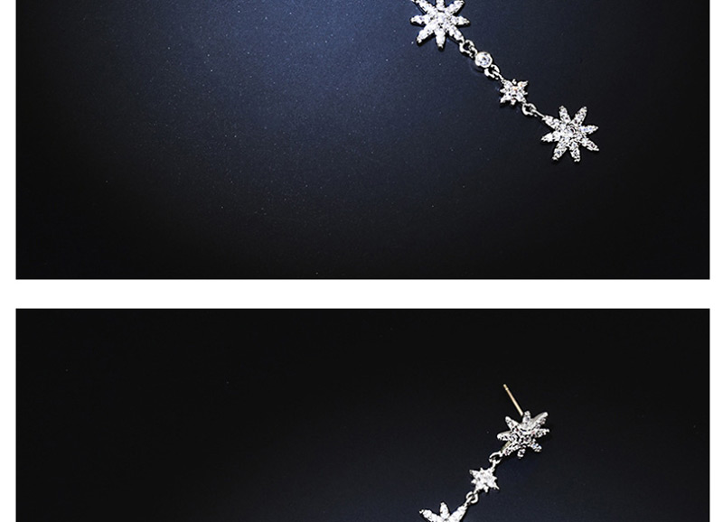 Fashion Silver  Silver Needle Eight-pointed Star Micro-inlaid Zircon Tassel Asymmetrical Earrings,Earrings