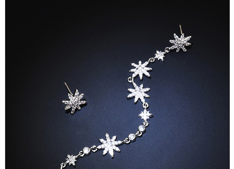 Fashion Silver  Silver Needle Eight-pointed Star Micro-inlaid Zircon Tassel Asymmetrical Earrings,Earrings