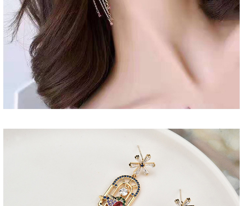 Fashion Gold  Silver Needle Drop Zircon Birdcage Tassel Earrings,Earrings