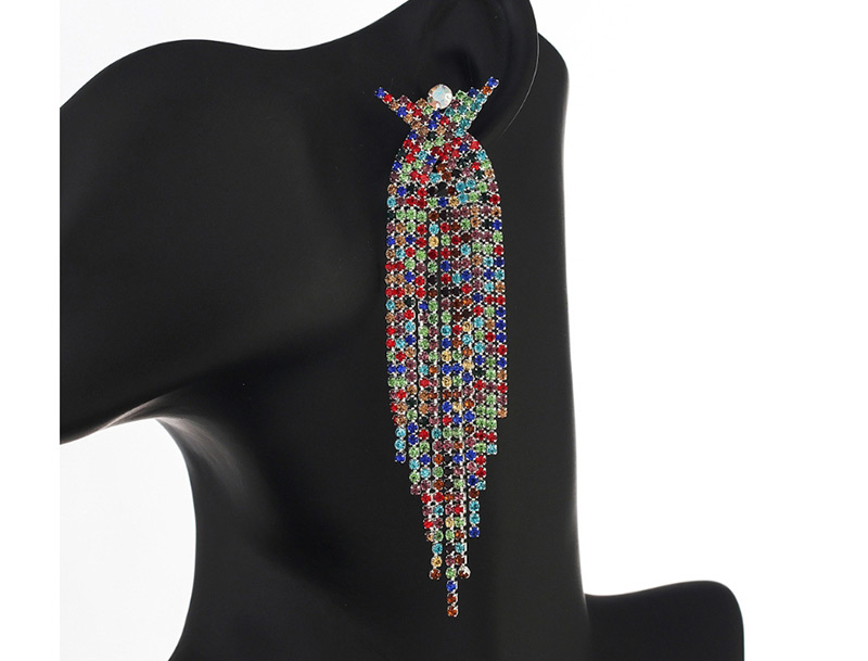 Fashion Silver + Color Diamond Claw Chain Studded Tassel Earrings,Drop Earrings
