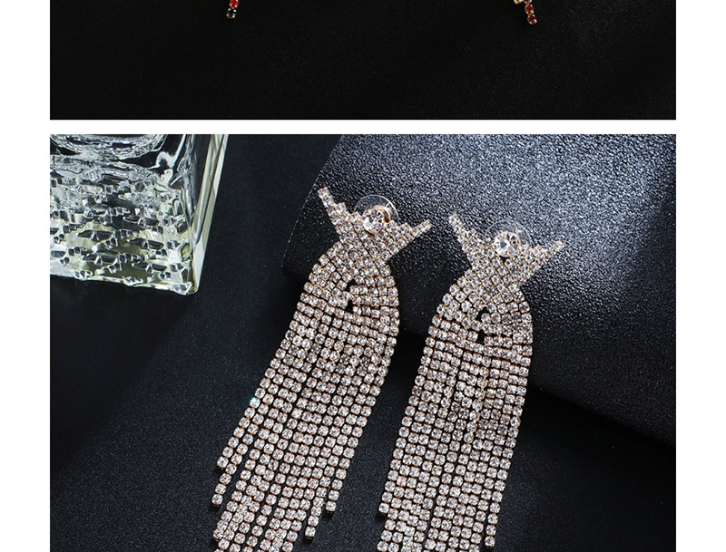 Fashion Gold + White Diamond Claw Chain Studded Tassel Earrings,Drop Earrings