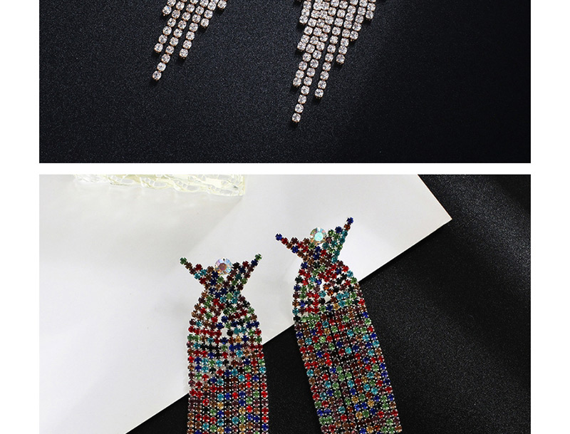 Fashion Silver + White Diamond Claw Chain Studded Tassel Earrings,Drop Earrings