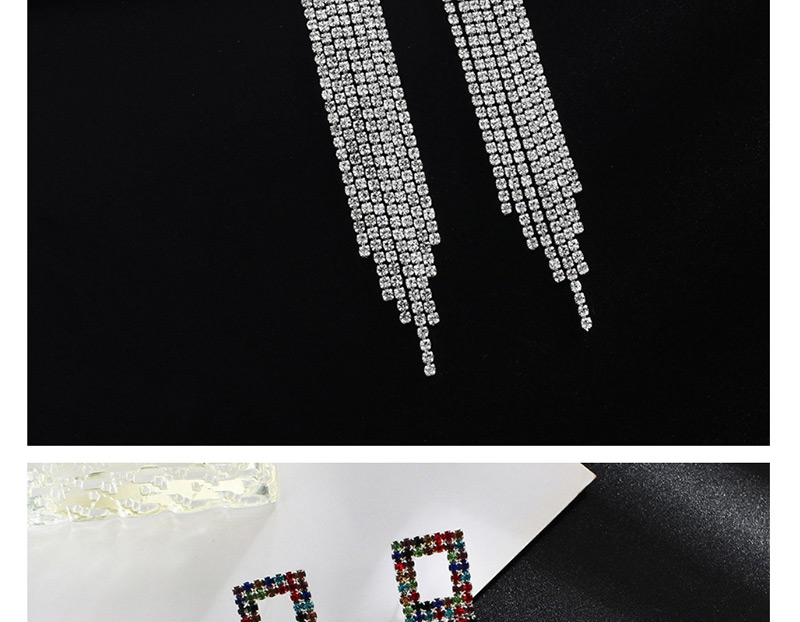 Fashion Silver + White Diamond Claw Chain Full Of Tassel Earrings,Drop Earrings