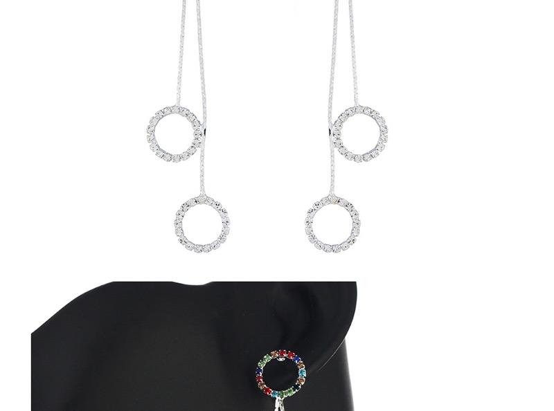 Fashion Silver + White Diamond Claw Chain Tassel Circle Earrings,Drop Earrings