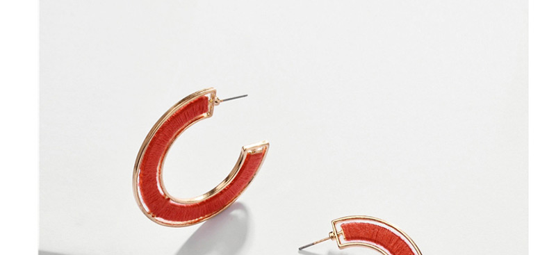 Fashion Red Alloy Wrapped Cotton Thread Hollow C-shaped Earrings,Hoop Earrings
