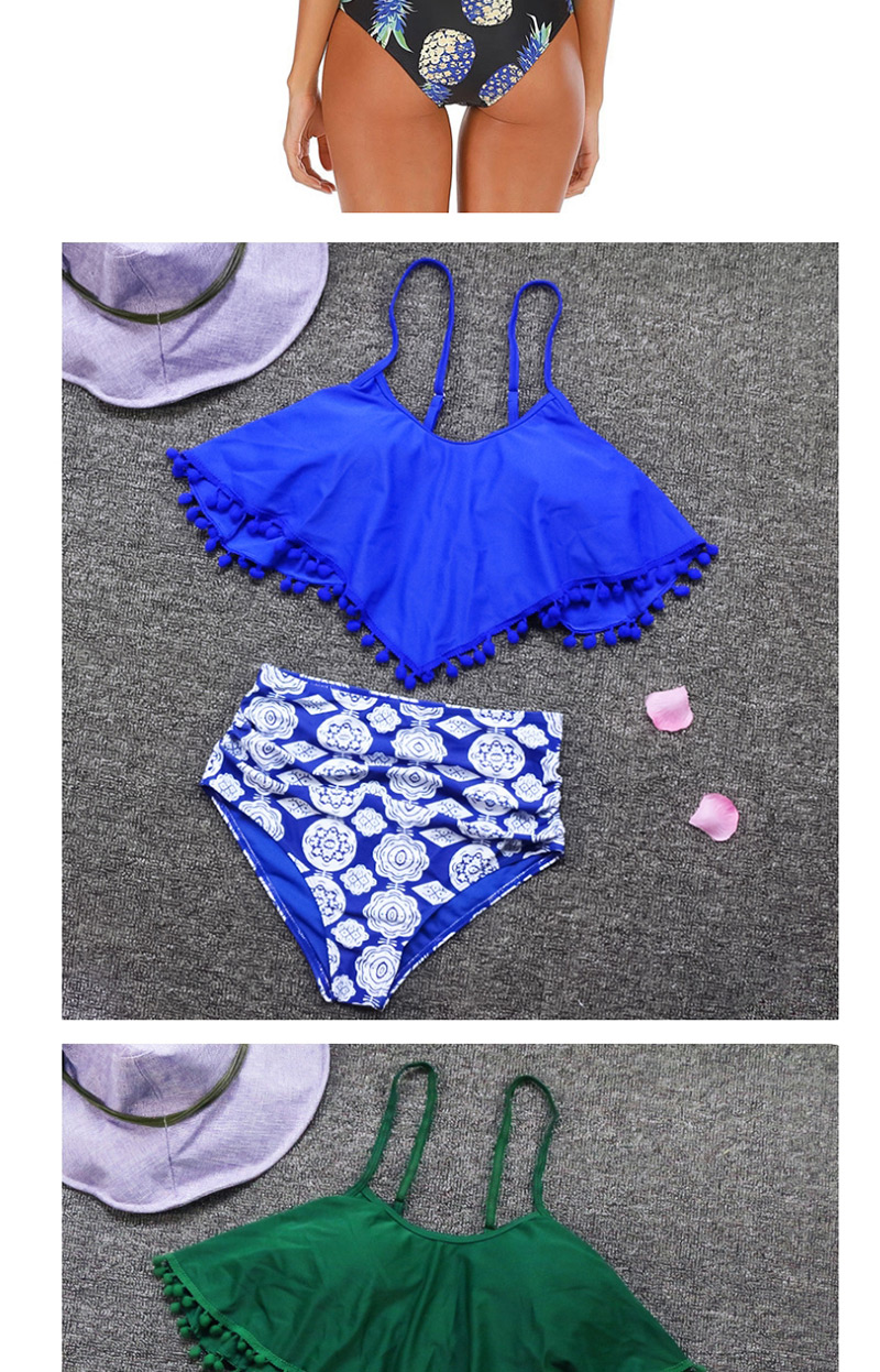 Fashion Blue Hair Ball Large Lotus Leaf Print Split Swimsuit,Swimwear Sets