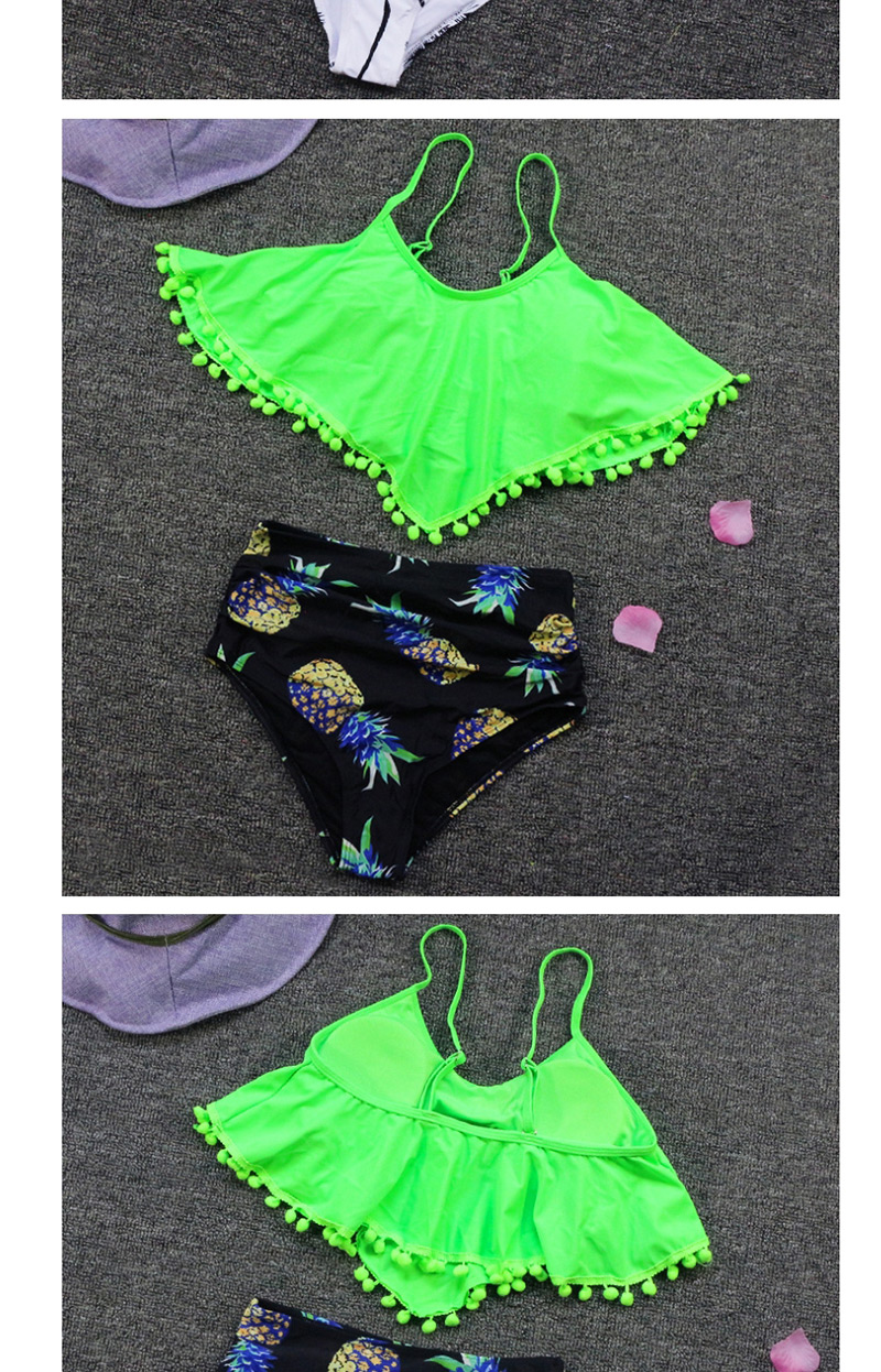 Fashion Dark Green Hair Ball Large Lotus Leaf Print Split Swimsuit,Swimwear Sets